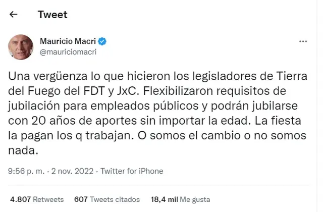 El expresidente Mauricio Macri criticó a los legisladores de Tierra del Fuego
