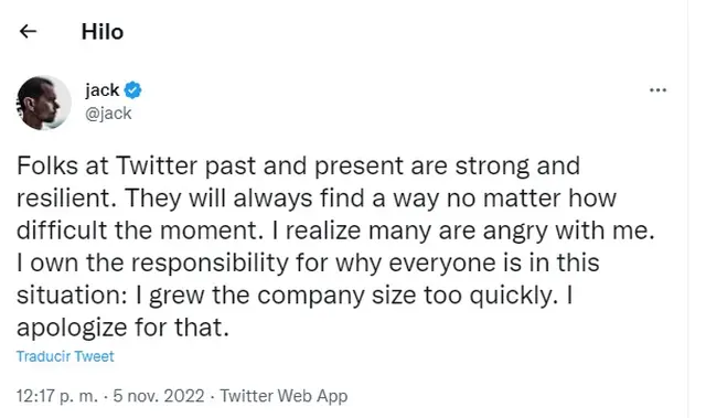 Tuit de Jack Dorsey sobre los despidos en Twitter