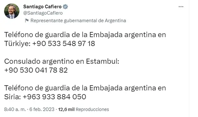 Tuit del Canciller Santiago Cafiero tras el terremoto en Turquía y Siria