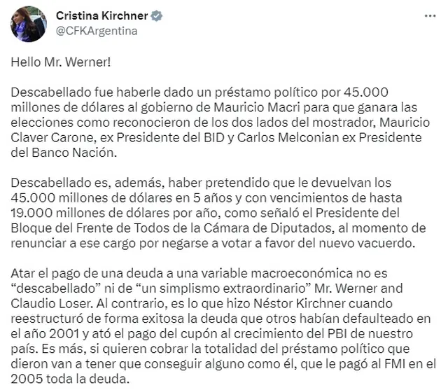 Cristina Kirchner se embarcó en una polémica pública con el FMI, pero sus argumentos se podrían volver en contra de la ayuda que está pidiendo Massa