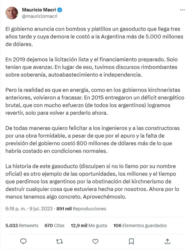 El ex presidente Mauricio Macri criticó en su momento el uso político del gasoducto por parte del peronismo