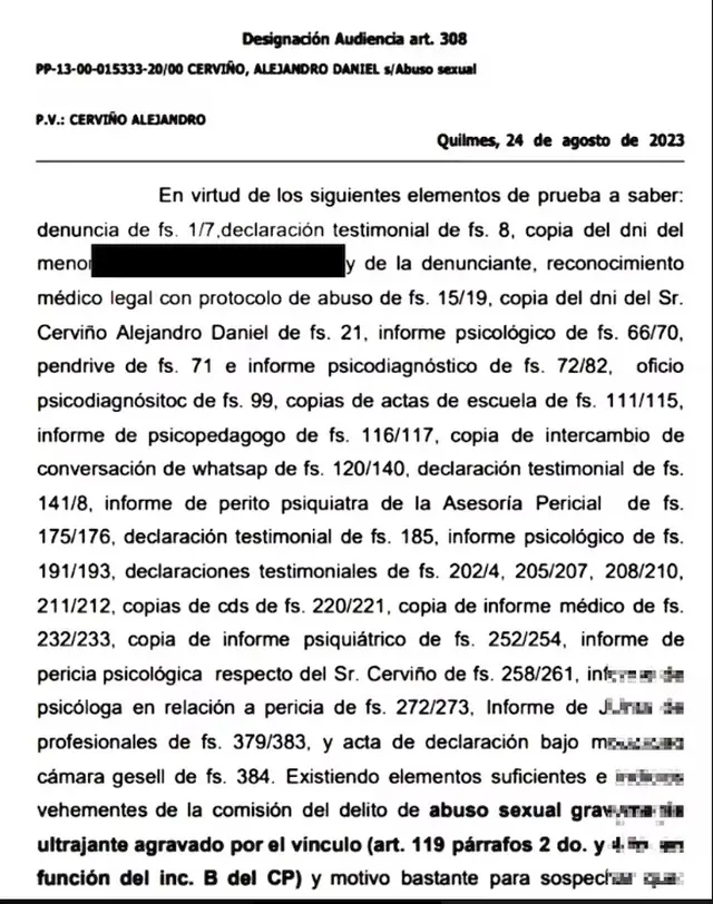 Parte de la denuncia que radicó la expareja de Alejandro Cerviño.