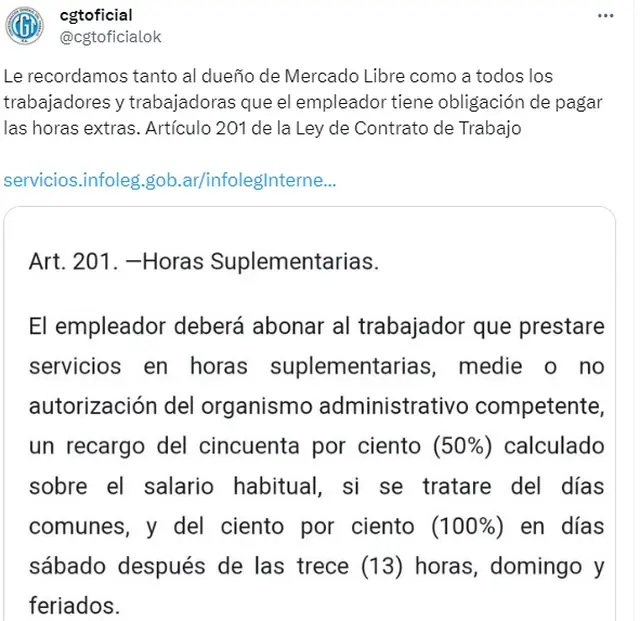 La CGT recordó en X la obligación de pagar horas extra