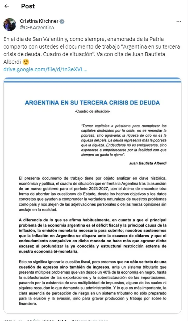 CFK La ex presidenta difundió en redes sociales un análisis de la 