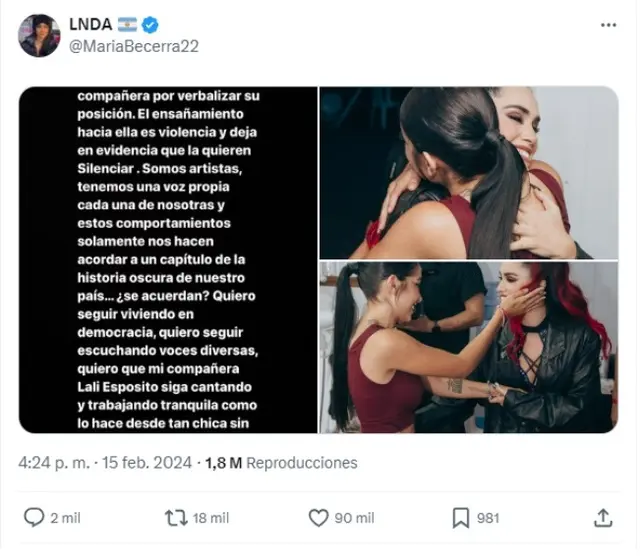 La cantante María Becerra, una de las artistas que respaldó a Lali Espósito