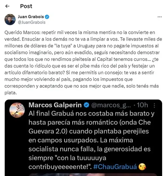 El cruce en la red social X entre Marcos Galperin y Juan Grabois