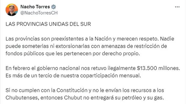 El gobernador de Chubut Nacho Torres publicó el comunicado firmado por otros gobernadores