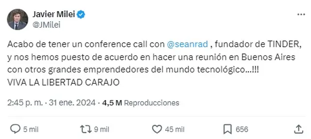 Tuit de Javier Milei sobre su conversación con Sean Rad