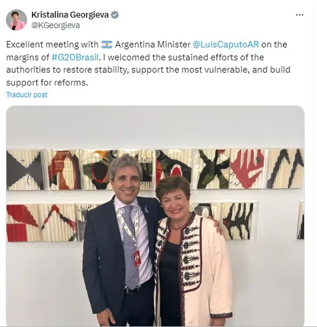 El mensaje de Kristalina Georgieva tras su encuentro con Luis Caputo