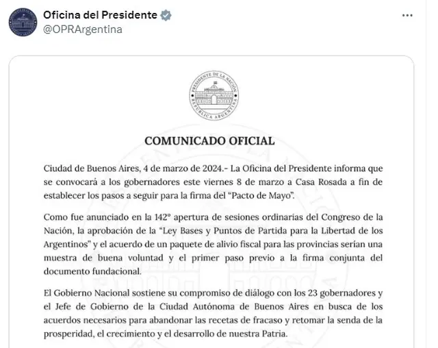 La Casa Rosada convocó a los gobernadores para el próximo viernes