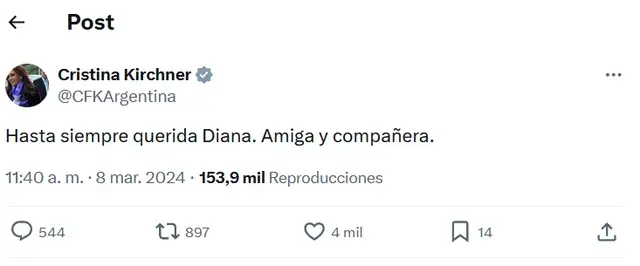 El mensaje de Cristina Kirchner sobre la muerte de Diana Conti