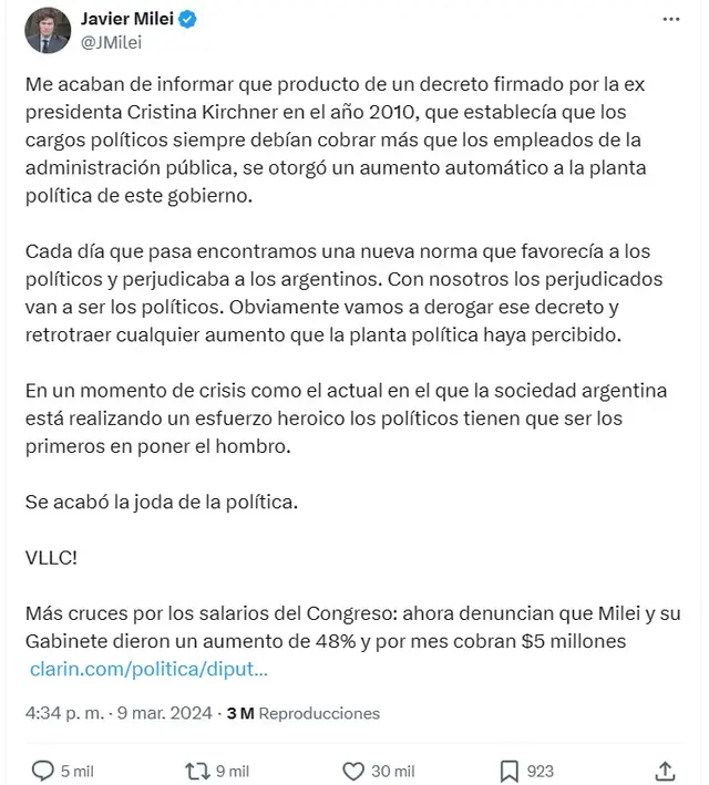 Javier Milei culpó a la expresidenta por los aumentos automáticos a los políticos