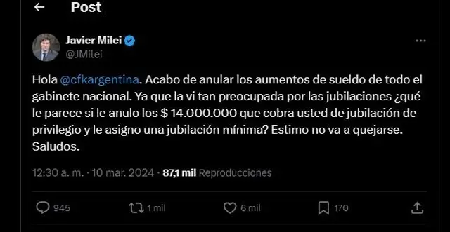 El tuit de Milei contra Cristina Fernández.
