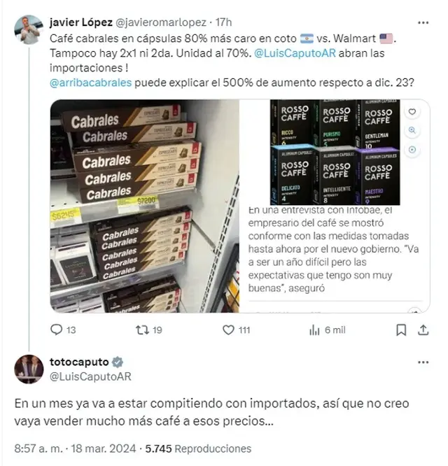 Para Caputo, con la apertura de importaciones, deberán bajar los precios