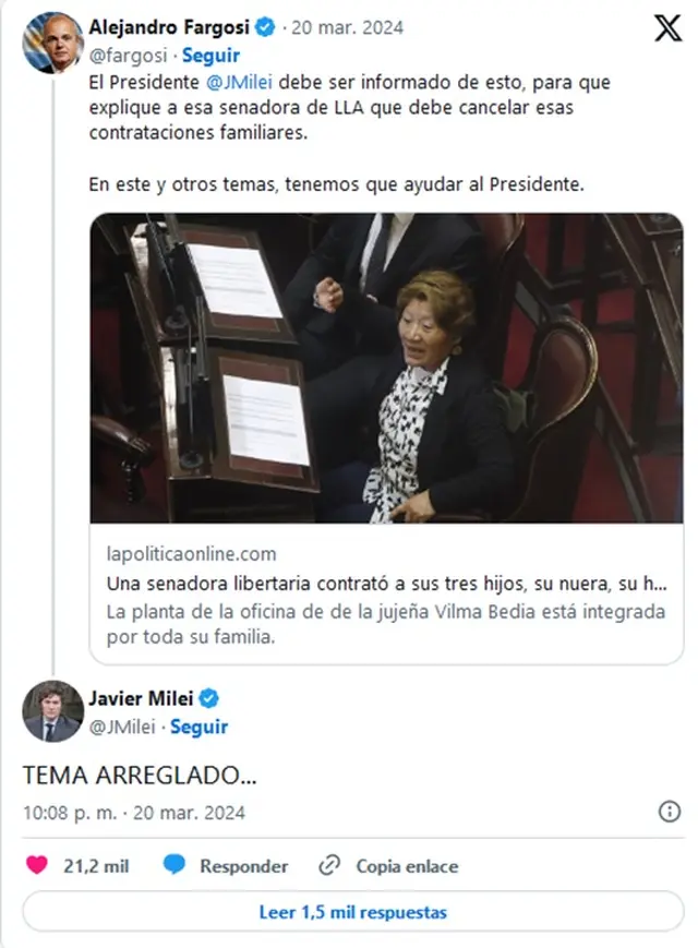 La respuesta de Milei al escándalo de la senadora Bedia
