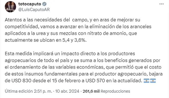 El tuit de Caputo generó respuestas duras por parte de los productores, que reclaman bajas de impuestos