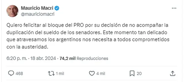 Mauricio Macri felicitó a los senadores del PRO