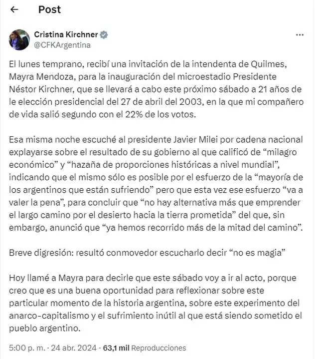 El mensaje de Cristina Kirchner en la red social X, con críticas a Javier Milei