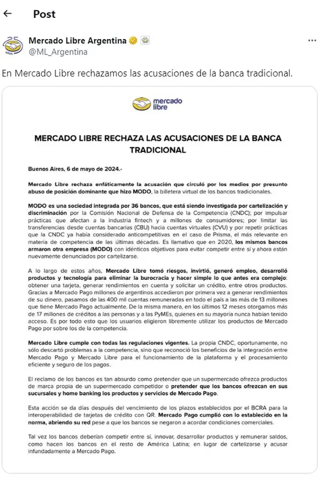 El unicornio salió al cruce de la denuncia que MODO realizó ante la Comisión Nacional de Defensa de la Competencia (CNDC) contra Mercado Pago