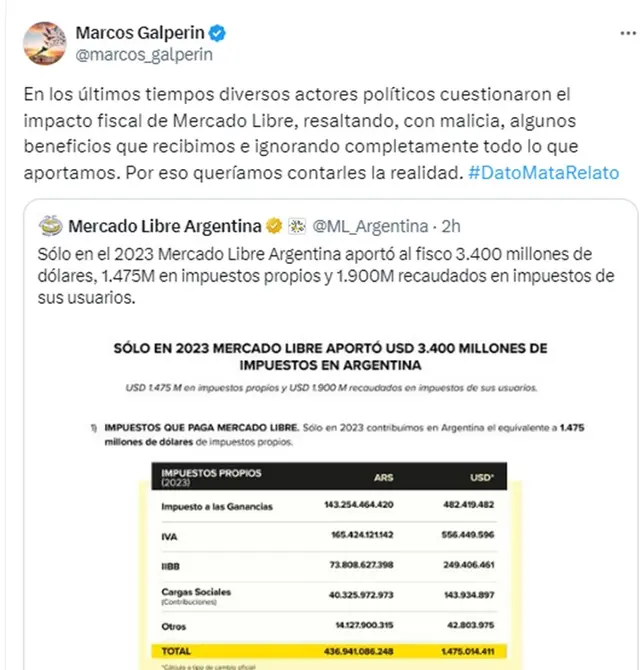 Marcos Galperin mostró en redes sociales los impuestos que pagó Mercado Libre en 2023
