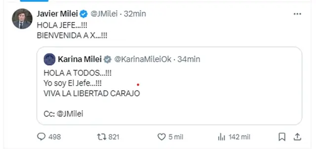 Karina Milei se sumó a X y el Presidente le dio la bienvenida