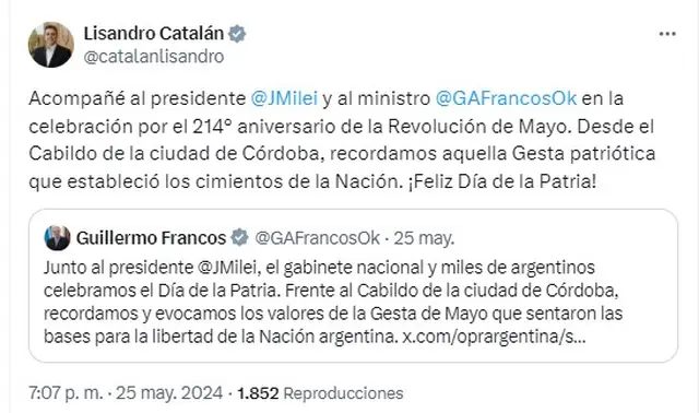 Lisandro Catalán estuvo en Córdoba junto a Francos, por el 25 de Mayo