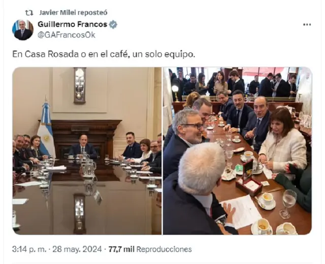 Javier Milei reposteó las fotos subidas por Guillermo Francos
