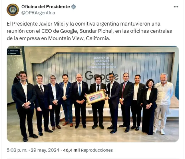 Javier Milei, Luis Caputo y la comitiva argentina con el CEO de Google Sundar Pichai