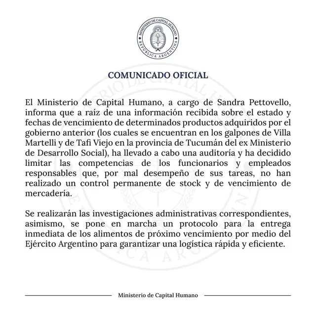 El ministerio de Capital Humano de Sandra Pettovello anunció que se repartirán los alimentos próximos a vencer