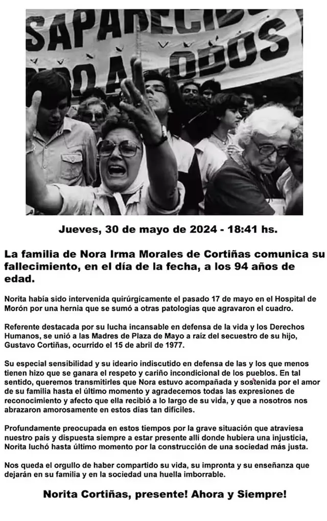 El comunicado difundido por la familia de Norita Cortiñas, al comunicar su muerte