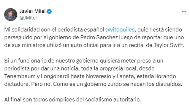 El presidente Javier Milei volvió a sacar a la luz las diferencias que tiene con su español, Pedro Sánchez