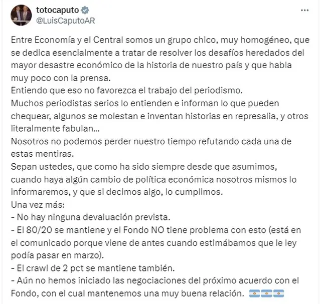 El ministro de Economía Luis Caputo ratificó que no habrá una devaluación del dólar oficial