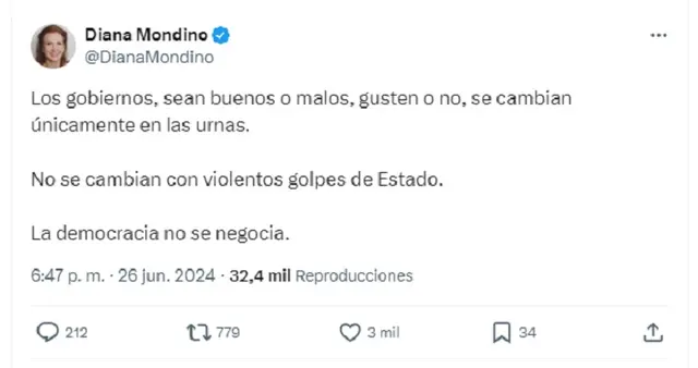 La canciller Diana Mondino repudió el intento de golpe de Estado en Bolivia
