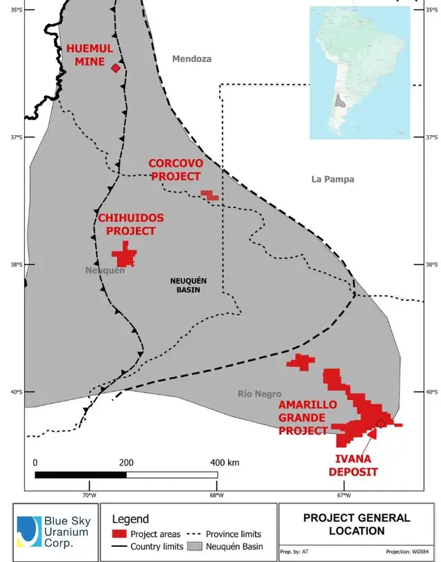 Las áreas que controla la firma canadiense para la extracción de uranio en Argentina.