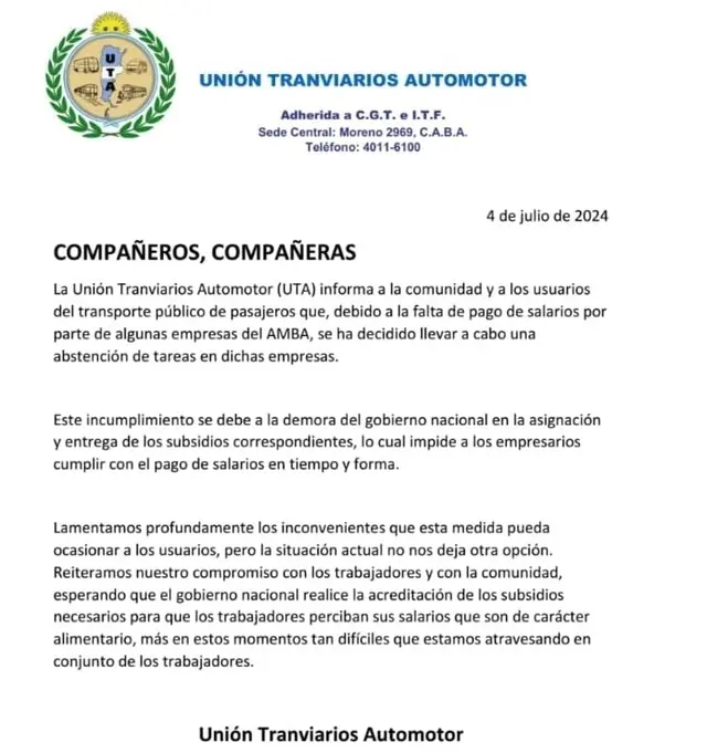 El comunicado de la UTA en el que advierte que puede haber problemas con los colectivos