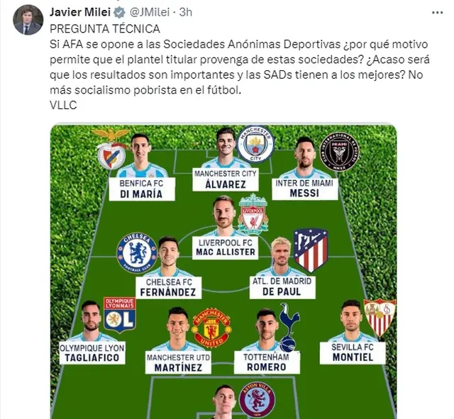 Tuit de Javier Milei sobre las Sociedades Anónimas Deportivas