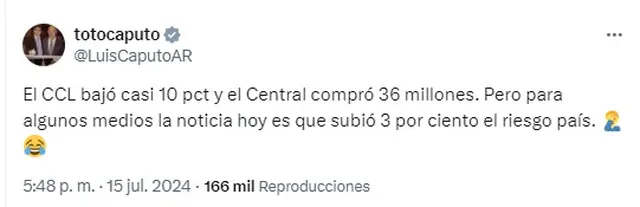 Luis Caputo celebró la baja del CCL y las compras del Banco Central