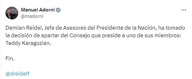 El vocero presidencial Manuel Adorni anunció que el Gobierno echó a Teddy Karagozian