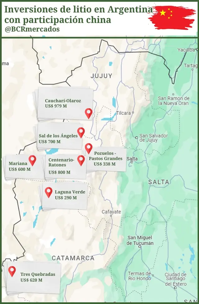 Distribución de los proyectos de litio con intervención de capitales chinos.