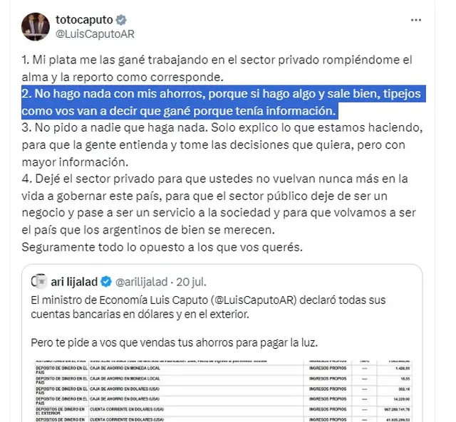 Luis Caputo se refirió a sus cuentas en el exterior