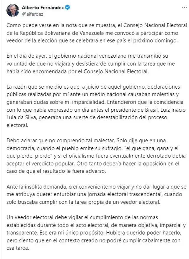 Alberto Fernández no será veedor en las elecciones de Venezuela