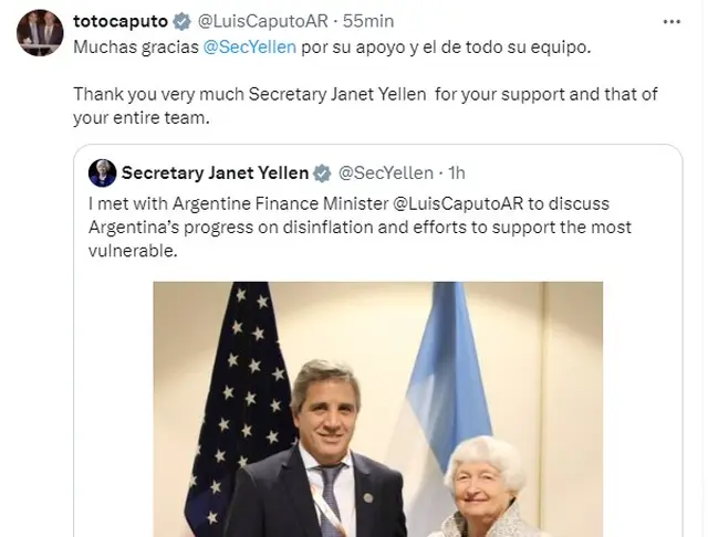 El mensaje que compartió Luis Caputo sobre su reunión con Janet Yellen