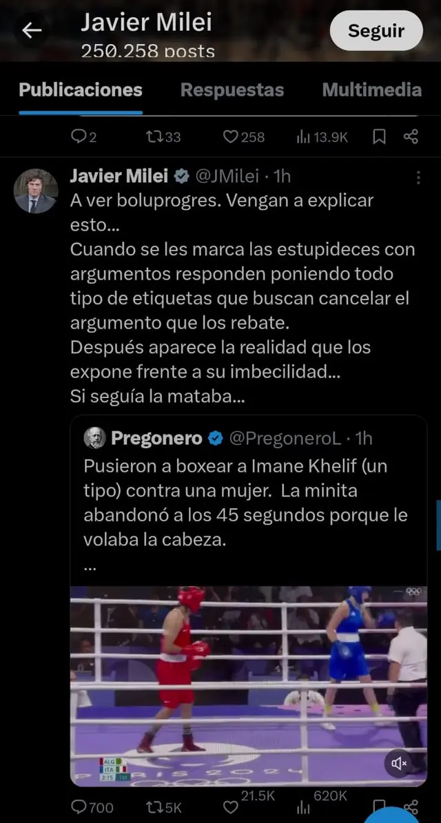 Juegos Olímpicos: la reacción de Javier Milei por pelea que incluyó una boxeadora 