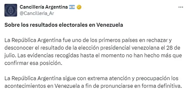 Luego, Cancillería dijo que sigue con atención los acontecimientos a fin de pronunciarse en forma definitiva
