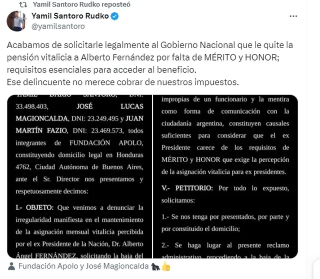 La Fundación Apolo pidió retirar la pensión a Alberto Fernández