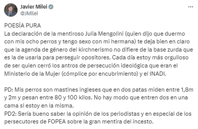 Las críticas de Javier Milei contra Julia Mengolini 