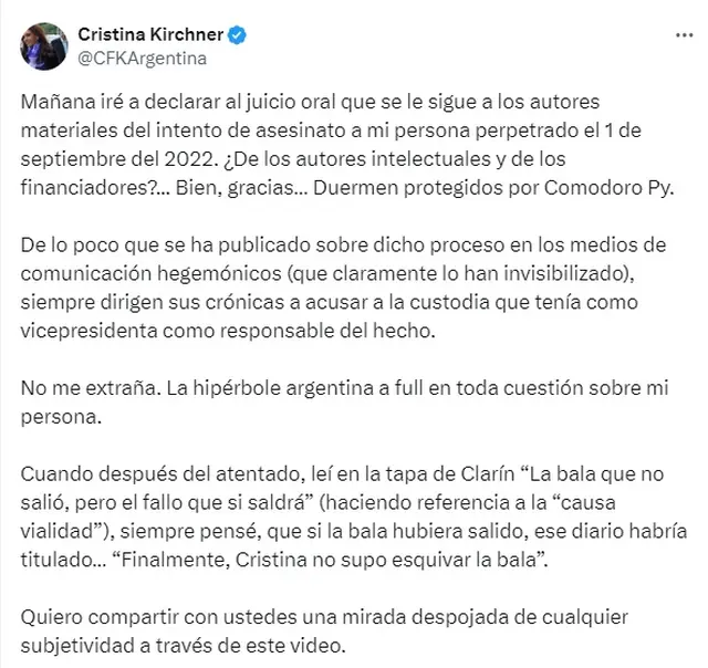 El texto que Cristina Fernández de Kirchner publicó el día antes de declara en el juicio oral