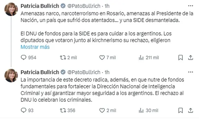 Patricia Bullrich criticó a los diputados que votaron en contra del DNU de fondos para la SIDE