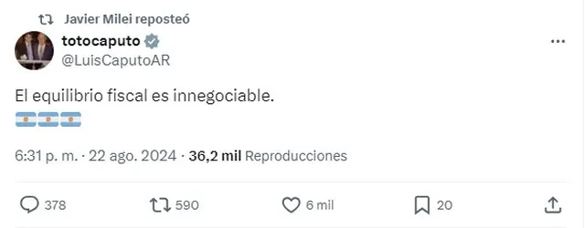 El mensaje de Luis Caputo reposteado por Javier Milei, que parece anticipar el veto
