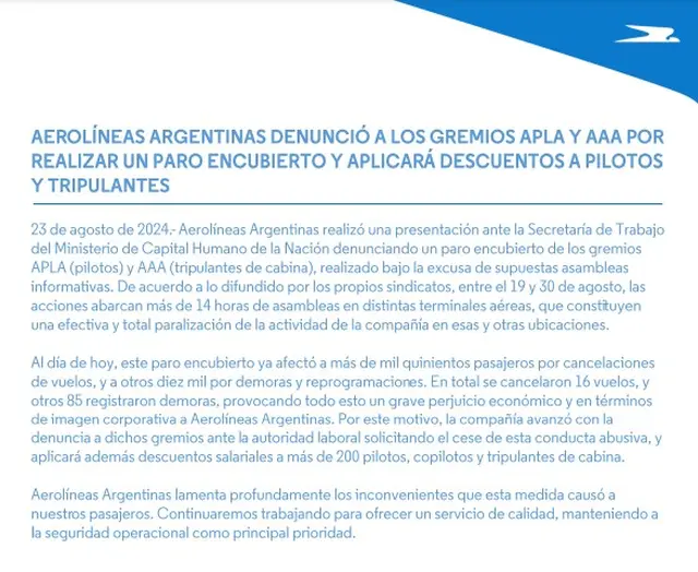 Aerolíneas Argentinas denunció a los gremios por hacer un 